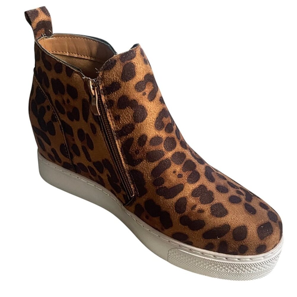BAMBOO Leopard Print Faux Suede Wedge Sneakers – Dual Zipper Women's Ankle Boots - Picture 8 of 8